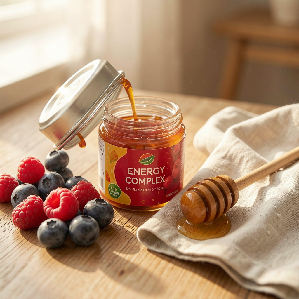 Morning wellness ritual with energy complex and fresh ingredients