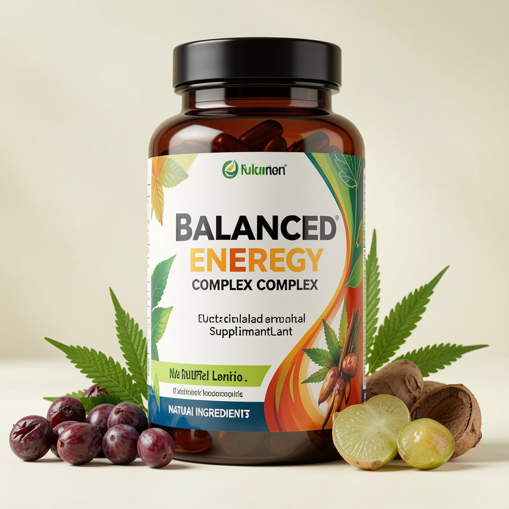 Balanced energy complex supplement bottle with natural ingredients